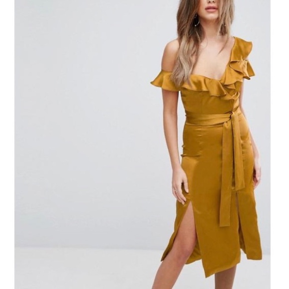 Lavish Alice Gold Satin Asymmetric Midi Dress